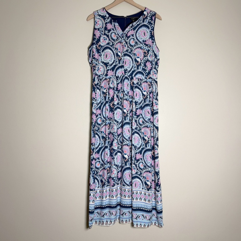 Talbots Womens Dress 12P Blue Paisley Sleeveless Maxi Pleated V-Neck Lined